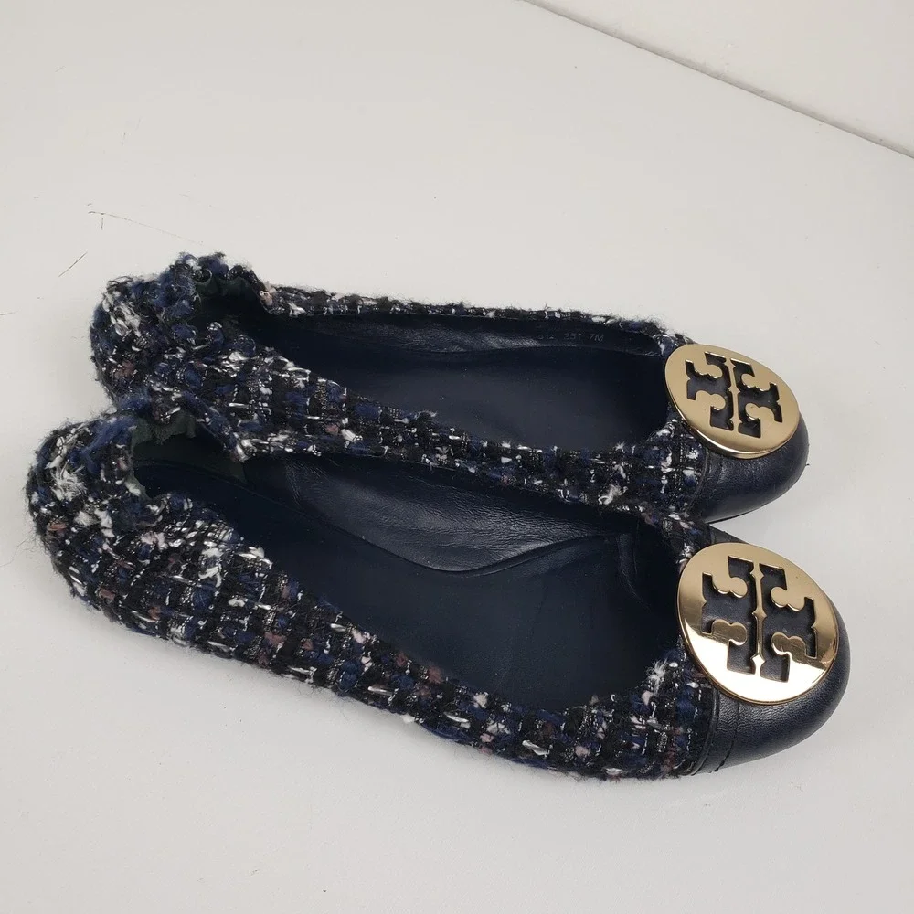 Tory Burch Serena Tweed Ballet Flats Navy Blue Gold Logo‎ Medallion Size 7M